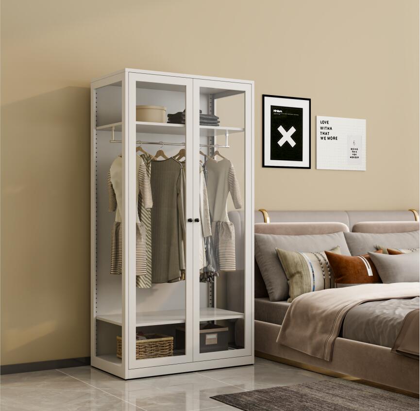 Home white metal glass door wardrobe with KD structure 
