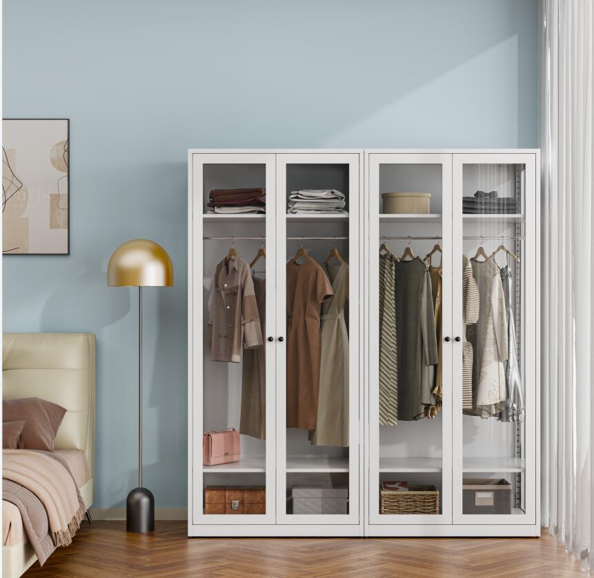 Home white metal glass door wardrobe with KD structure 