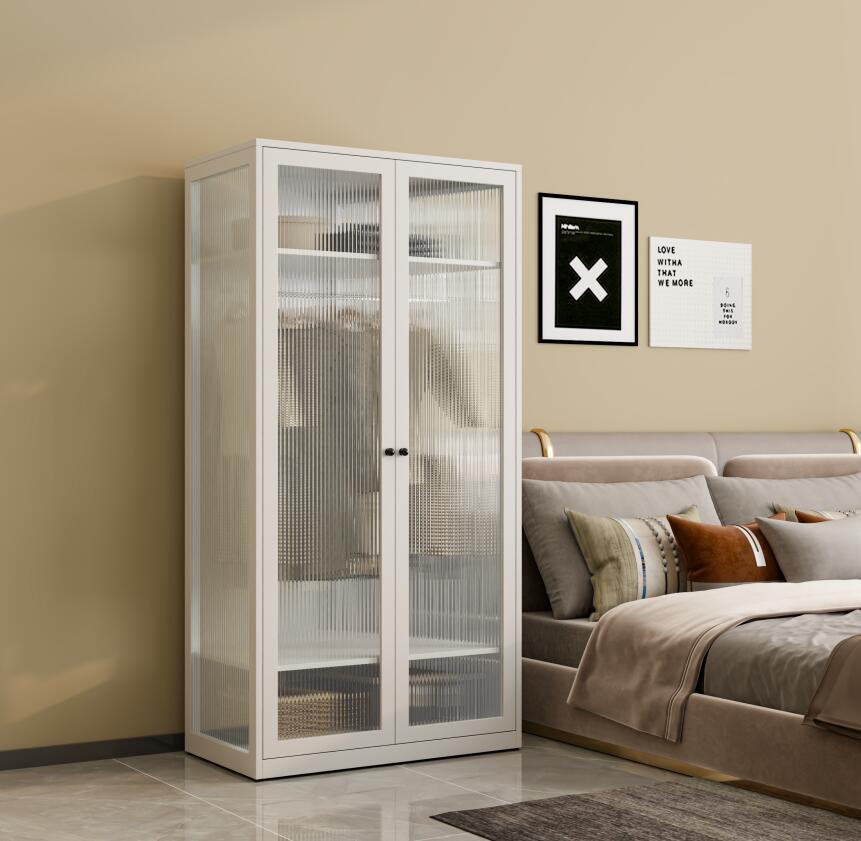 Home white metal glass door wardrobe with KD structure 