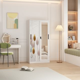 Metal closet wardrobe 2 Sliding door steel printing wardrobe with mirror iron closet storage wardrobe