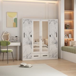 4 Door Sliding Door Metal Wardrobe with Mirror And Drawers 